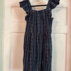 Time and Tru Navy Geometric Stripe Ruffle-Shoulder Sundress